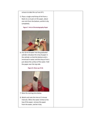 scissors to take the curl out of it. 
5. Place a single small drop of ink from a 
black vis-a-vis pen on the paper, about 
one inch from the bottom, and let it dry 
completely. 
Figure 7. Ink on Chromatography Paper 
6. Put 10 ml of water into the graduated 
cylinder and place the strip of paper in 
the cylinder so that the bottom end is 
immersed in water and the drop of ink is 
just above the surface of the water. Fold 
the paper over the top side. 
Figure 8. Close-up of Ink 
7. Note the starting time below. 
8. Watch and note the time at 5 minute 
intervals. When the water climbs to the 
top of the paper, remove the paper 
from the water, and let it dry. 
 