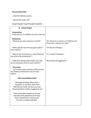 Pronunciation Drill 
...read the following words: 
Words with augh= /Ô/ 
Caught Naught Taught Naughty Daughter 
B. Lesson Proper 
Presentation 
Show pictures of a Mother (a) and a Cake (b) 
Motivation 
“What do you see in pictures A and B?” 
“When was the last time you gave a gift to 
your mother?” 
“Why do you think there is a cake? What do 
you think is the celebration?” 
“Aside from giving material gifts, how else 
do you show your love for your mother?” 
Discussion 
Let us read a poem and let us find out how 
the children showed their love for their 
mother. 
Who Loves Mother Best? 
“Oh happy birthday, Mama dear.” 
Sang Ben, Liz and Bess with cheer 
“We love you much, we love you true.” 
They kissed their mother, hugged her too. 
Then quickly Ben skipped out to play 
And went with playmates all the day. 
Then rushed home in time to see 
His sister Liz aglow with glee. 
“Sir, Picture A is a picture of a Mother and 
Picture B is a picture of a Cake.” 
“On her last birthday.” 
“It is mother’s birthday.” 
“By kissing and hugging her.” 
 