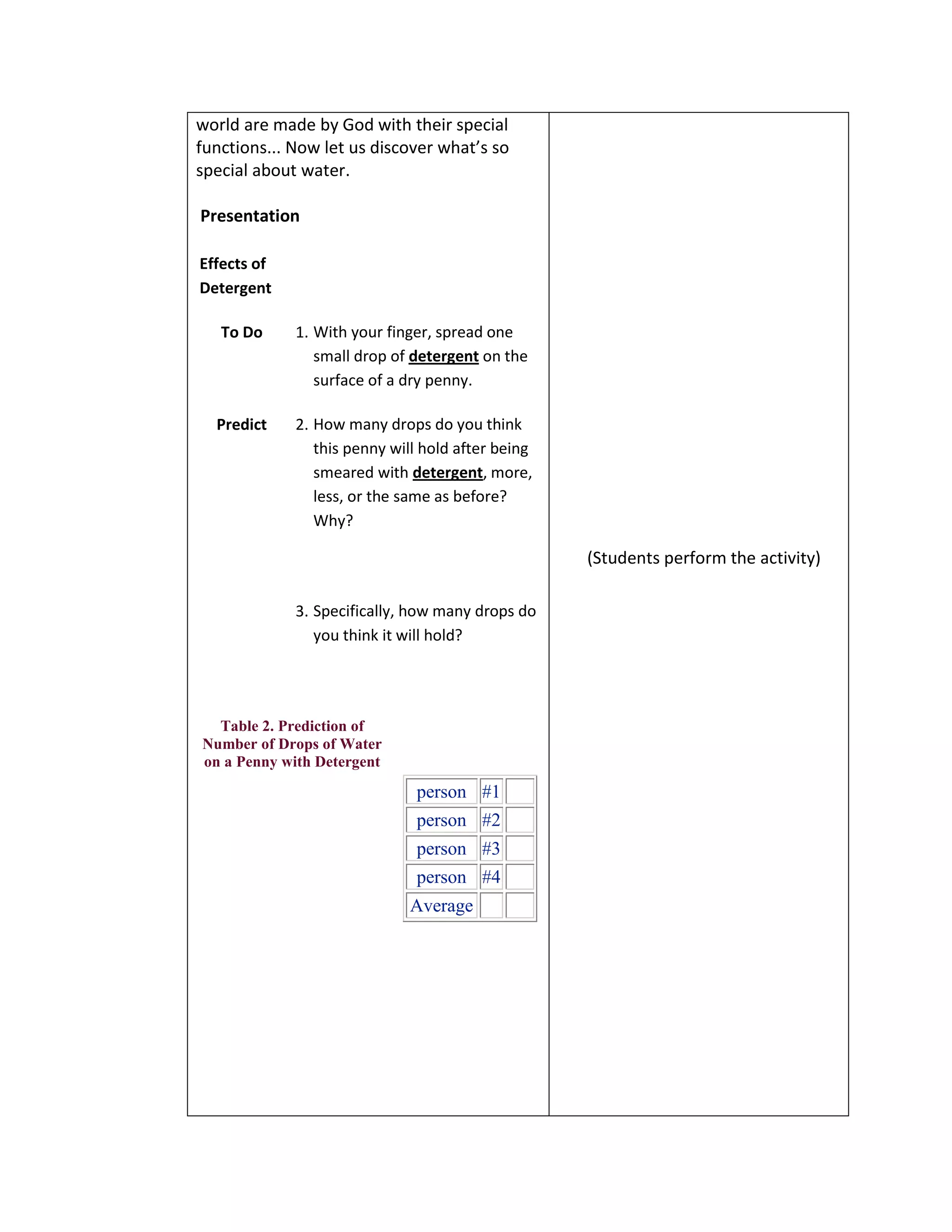 world are made by God with their special
functions... Now let us discover what’s so
special about water.

Presentation

Effects of
Detergent

   To Do     1. With your finger, spread one
                small drop of detergent on the
                surface of a dry penny.

  Predict    2. How many drops do you think
                this penny will hold after being
                smeared with detergent, more,
                less, or the same as before?
                Why?

                                                   (Students perform the activity)

             3. Specifically, how many drops do
                you think it will hold?




  Table 2. Prediction of
Number of Drops of Water
on a Penny with Detergent

                              person #1
                              person #2
                              person #3
                              person #4
                             Average
 