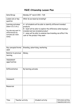 PGCE Citizenship Lesson Plan

Date/Group              Monday 21st march 2011 – 7LR

Lesson aim or key       What do we mean by branding?
question

Learning outcomes       A – all students will be able to identify different branded
(label A, B, C etc.)    products
                        B – most will be able to explore the difference when buying a
You also may want to    branded and non-branded product
differentiate by        C – some will be able to examine how branding can affect the
outcome (all, most,
                        cost of the product they want
some)




Key concepts/terms      Branding, advertising, marketing
used

Relation to previous    Money,
learning

Assessment
opportunities



Differentiation         By learning outcome




Homework



Resources




Time          Teacher activity          Student activity              Outcomes working
                                                                      towards (A,B,C etc)
 