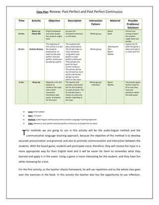 Class Plan: Review: Past Perfect and Past Perfect Continuous
Time Activity Objective Description Interaction
Pattern
Material Possible
Problems/
Solutions
15 min.
Warm up:
Check HW
Check homework
and solve doubts
the students might
have.
Go over the
homework exercises
on the book.
Whole group
Board
Book
Correct any
wrong answers
the student
might have and
doubts.
30 min. Activity Review
The objective of
this activity is to get
the students
prepared for an
exam on the past
perfect and past
perfect continuous
by playing a game.
The students will
play a board game.
The SS will make as
many sentences
using either past
perfect or past
perfect continuous.
They will get one
point for each
correct sentence.
The winner will be
the SS that has more
points and he/she
will get an extra
point on the exam.
Whole group
Board game
Dice
Board
Marker
Explain the SS
what the game is
about and why it
is useful and fun.
5 min. Wrap Up Objective is for the
teacher to
reinforce the topic
with a brief
conclusion.
Introduces web
quest, to prepare
for the exam.
The teacher will
provide a web quest
link for the students
to work at home. The
SS will also have a
chance to solve any
doubts regarding to
the topic.
Whole group/
Individual
Board
Marker
The teacher gives
his/her email to
SS in case they
have any
questions about
the web quest.
Level: Intermediate
Ages: +13 years
Method: audio-lingual method and Communicative Language Teaching Approach.
Topic: Review on past perfect and past perfect continuous to prepare for an exam.
he methods we are going to use in this activity will be the audio-lingual method and the
communicative language teaching approach, because the objective of this method is to develop
accurate pronunciation and grammar and also to promote communication and interaction between the
students. With the board game, students will participate more, therefore; they will receive the input in a
more appropriate way for their English level and it will be easier for them to remember what they
learned and apply it in the exam. Using a game is more interesting for the student, and they have fun
while reviewing for a test.
For the first activity, as the teacher checks homework, he will use repetition and as the whole class goes
over the exercises in the book. In this activity the teacher also has the opportunity to use inflection,
T
 