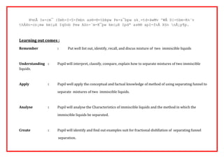 X½nÂ Ie-cm¯ {Zmh-I-§-fmbn as®-®-tbbpw Pe-s¯bpw sk¸-td-äwMv ^WÂ D]-tbm-Kn¨v 
thÀXn-cn¡mw km{μX IqSnb Pew ASn-`m-K¯pw km{μX Ipdª as®® apI-fnÂ X§n nÂ¡p¶p. 
Learning out comes : 
Remember : Put well list out, identify, recall, and discus mixture of two immiscible liquids 
Understanding : Pupil will interpret, classify, compare, explain how to separate mixtures of two immiscible 
liquids. 
Apply : Pupil well apply the conceptual and factual knowledge of method of using separating funnel to 
separate mixtures of two immiscible liquids. 
Analyse : Pupil will analyse the Characteristics of immiscible liquids and the method in which the 
immiscible liquids be separated. 
Create : Pupil will identify and find out examples suit for fractional dishllation of separating funnel 
separation. 
 