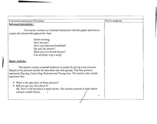 Classroom Interaction Procedure Pupils response 
Informal interaction : 
The teacher initiates an informal interaction with the pupils and tries to 
sustain the interest throughout the class. 
Good morning. 
How are you? 
Have you had your breakfast? 
Do you like poems? 
Have you ever heard rhymes? 
Can anybody sing a song? 
Entry Activity: 
The teacher creates a mental readiness in pupils by giving some pictures. 
Based on the pictures teacher divides them into four groups. The four pictures 
represents Big dog, Green frog, Red rose and Young man. The teacher asks simple 
questions like , 
> What is the speciality of these pictures? 
> Did you get any idea about it? 
Ok. Now I will introduce a small rhyme. The teacher presents a chart which 
contain a small rhyme. / / 
/ * 
 