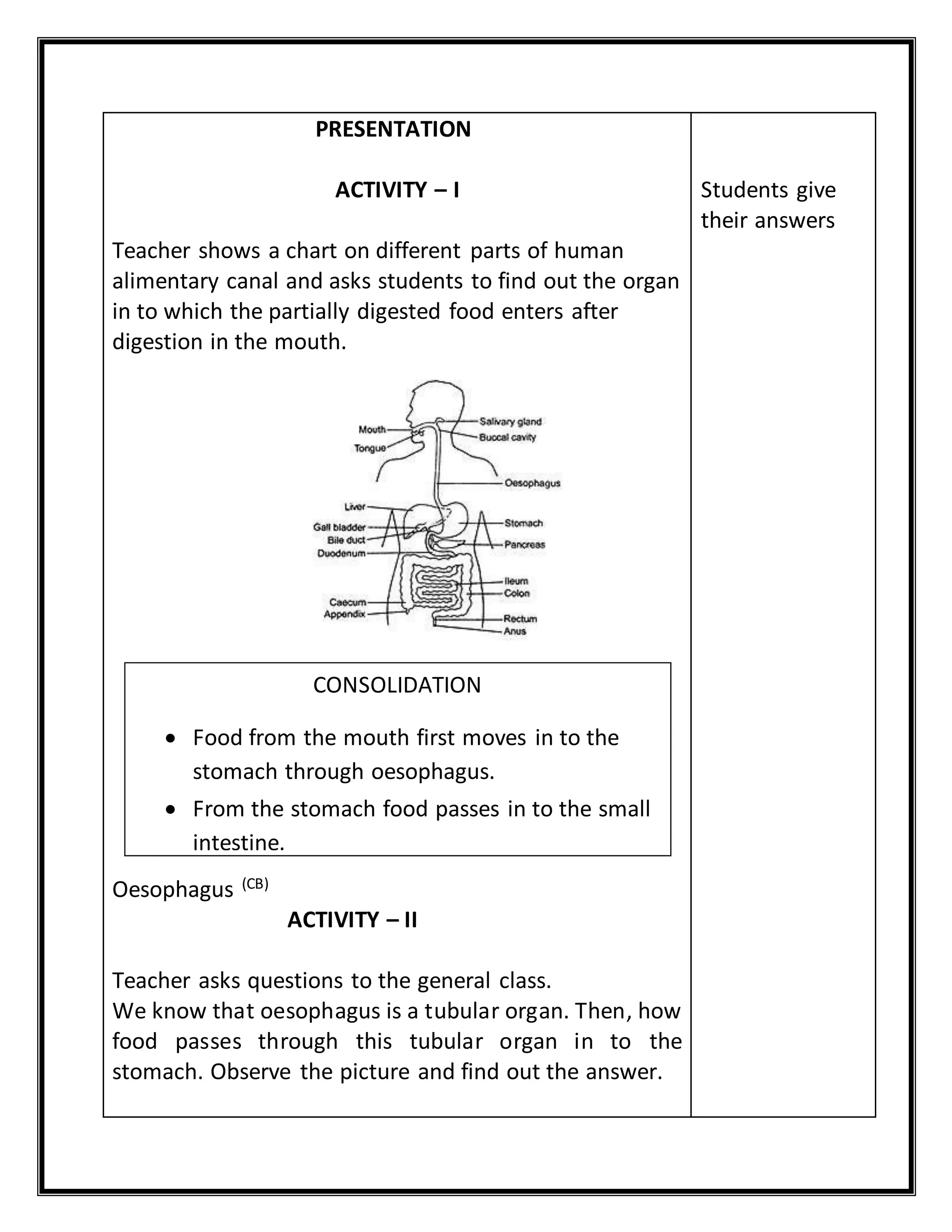 PRESENTATION 
ACTIVITY – I 
Teacher shows a chart on different parts of human 
alimentary canal and asks students to find out the organ 
in to which the partially digested food enters after 
digestion in the mouth. 
Oesophagus (CB) 
ACTIVITY – II 
Teacher asks questions to the general class. 
We know that oesophagus is a tubular organ. Then, how 
food passes through this tubular organ in to the 
stomach. Observe the picture and find out the answer. 
Students give 
their answers 
CONSOLIDATION 
 Food from the mouth first moves in to the 
stomach through oesophagus. 
 From the stomach food passes in to the small 
intestine. 
 
 