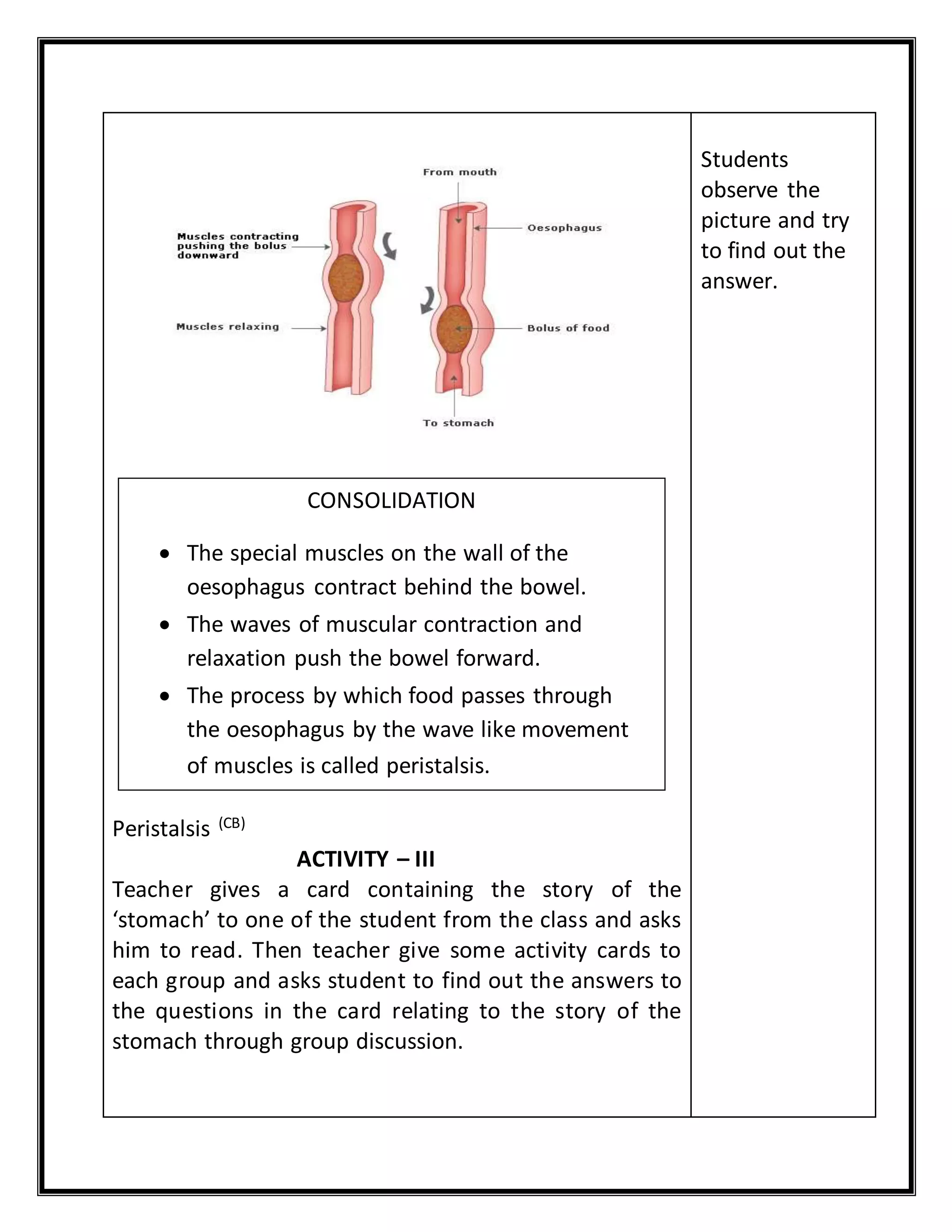 Peristalsis (CB) 
ACTIVITY – III 
Teacher gives a card containing the story of the 
‘stomach’ to one of the student from the class and asks 
him to read. Then teacher give some activity cards to 
each group and asks student to find out the answers to 
the questions in the card relating to the story of the 
stomach through group discussion. 
Students 
observe the 
picture and try 
to find out the 
answer. 
CONSOLIDATION 
 The special muscles on the wall of the 
oesophagus contract behind the bowel. 
 The waves of muscular contraction and 
relaxation push the bowel forward. 
 The process by which food passes through 
the oesophagus by the wave like movement 
of muscles is called peristalsis. 
 