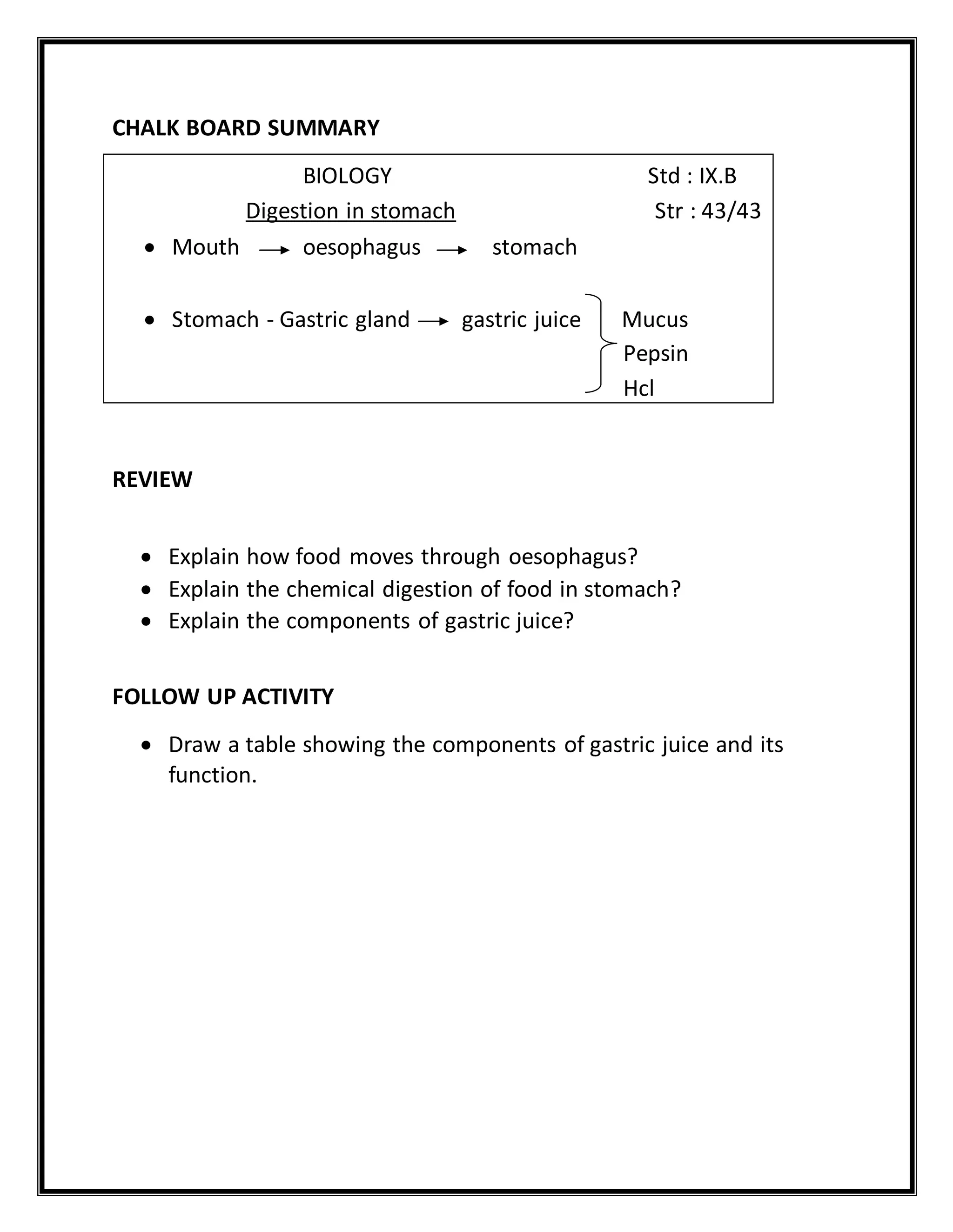CHALK BOARD SUMMARY 
REVIEW 
REVIEW 
 Explain how food moves through oesophagus? 
 Explain the chemical digestion of food in stomach? 
 Explain the components of gastric juice? 
FOLLOW UP ACTIVITY 
 Draw a table showing the components of gastric juice and its 
function. 
BIOLOGY Std : IX.B 
Digestion in stomach Str : 43/43 
 Mouth oesophagus stomach 
 Stomach - Gastric gland gastric juice Mucus 
Pepsin 
Hcl 

