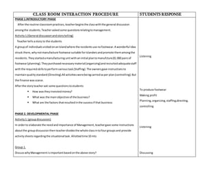 CLASS ROOM INTERACTION PROCEDURE STUDENTS RESPONSE 
PHASE 1.INTRODUCTORY PHASE 
After the routine classroom practices, teacher begins the class with the general discussion 
among the students. Teacher asked some questions relating to management. 
Activity 1.(General discussion and story telling) 
Teacher tells a story to the students 
A group of individuals visited on an Island where the residents use no footwear. A wonderful idea 
struck there, why not manufacture footwear suitable for Islanders and promote them among the 
residents. They started a manufacturing unit with an initial plan to manufcture20, 000 pairs of 
footwear (planning). They purchased necessary material (organizing) and recruited adequate staff 
with the required skills to perform various task (Staffing). The owners gave instructions to 
maintain quality standard (Directing).All activities were being carried as per plan (controlling). But 
the finance was scarce. 
After the story teacher ask some questions to students 
 How was they invested money? 
 What was the main objective of the business? 
 What are the factors that resulted in the success if that business 
PHASE 2. DEVELOPMENTAL PHASE 
Activity 1. (group discussion) 
In order to elaborate the need and importance of Management, teacher gave some instructions 
about the group discussion then teacher divides the whole class in to four groups and provide 
activity sheets regarding the situational task. Allotted time 10 mts 
Group 1. 
Discuss why Management is important based on the above story? 
Listening 
To produce footwear 
Making profit 
Planning, organizing, staffing,directing, 
controlling 
Listening 
Discussing 
 