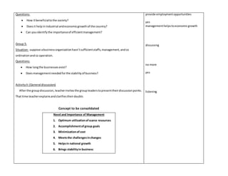 Questions: 
 How it beneficial to the society? 
 Does it help in industrial and economic growth of the country? 
 Can you identify the importance of efficient management? 
Group 5: 
Situation: suppose a business organization hasn’t sufficient staffs, management, and co 
ordination and co operation. 
Questions: 
 How long the businesses exist? 
 Does management needed for the stability of business? 
Activity II: (General discussion) 
After the group discussion, teacher invites the group leaders to present their discussion points. 
That time teacher explains and clarifies their doubts 
Concept to be consolidated 
Need and Importance of Management 
1. Optimum utilization of scarce resources 
2. Accomplishment of group goals 
3. Minimization of cost 
4. Meets the challenges in changes 
5. Helps in national growth 
6. Brings stability in business 
provide employment opportunities 
yes 
management helps to economic growth 
discussing 
no more 
yes 
listening 
 