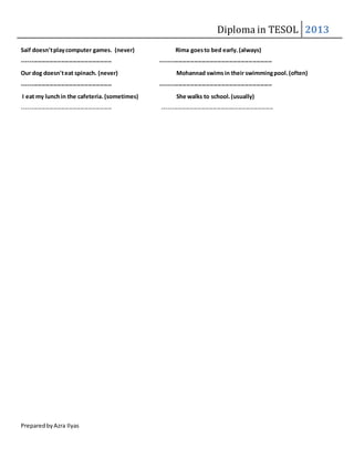Diploma in TESOL 2013
PreparedbyAzra Ilyas
Saif doesn'tplaycomputer games. (never) Rima goesto bed early.(always)
---------------------------------------------- ---------------------------------------------------------
Our dog doesn'teat spinach. (never) Mohannad swimsin their swimmingpool.(often)
---------------------------------------------- ---------------------------------------------------------
I eat my lunchin the cafeteria.(sometimes) She walks to school.(usually)
---------------------------------------------- ---------------------------------------------------------
 