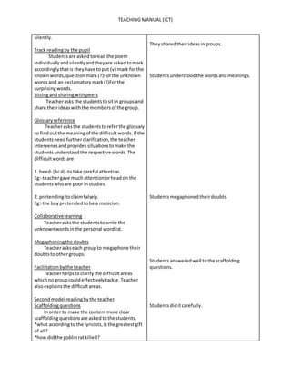TEACHING MANUAL (ICT)
silently.
Track readingby the pupil
Studentsare askedtoread the poem
individuallyandsilentlyandtheyare askedtomark
accordinglythatis theyhave toput (v) mark forthe
knownwords,question mark(?)Forthe unknown
wordsand an exclamatory mark(!)Forthe
surprisingwords.
Sittingandsharingwithpeers
Teacherasks the studentstositin groupsand
share theirideaswiththe membersof the group.
Glossaryreference
Teacherasksthe studentstoreferthe glossary
to findoutthe meaningof the difficult words.If the
studentsneedfurtherclarification,the teacher
intervenesandprovides situationstomake the
studentsunderstandthe respectivewords.The
difficultwordsare
1. heed-|hi:d|-totake carefulattention.
Eg:-teachergave much attentionorheadon the
studentswho are poor instudies.
2. pretending-toclaimfalsely.
Eg:-the boypretendedtobe a musician.
Collaborativelearning
Teacherasksthe studentstowrite the
unknownwordsinthe personal wordlist.
Megaphoningthe doubts
Teacheraskseach groupto megaphone their
doubtsto othergroups.
Facilitationbythe teacher
Teacherhelpstoclarifythe difficultareas
whichno groupcouldeffectively tackle.Teacher
alsoexplainsthe difficultareas.
Secondmodel readingbythe teacher
Scaffoldingquestions
Inorder to make the contentmore clear
scaffoldingquestionsare askedtothe students.
*what accordingto the lyricists,is the greatestgift
of all?
*how didthe goblinratkilled?
Theysharedtheirideasingroups.
Studentsunderstoodthe wordsandmeanings.
Students megaphonedtheirdoubts.
Studentsansweredwell tothe scaffolding
questions.
Studentsdiditcarefully.
 