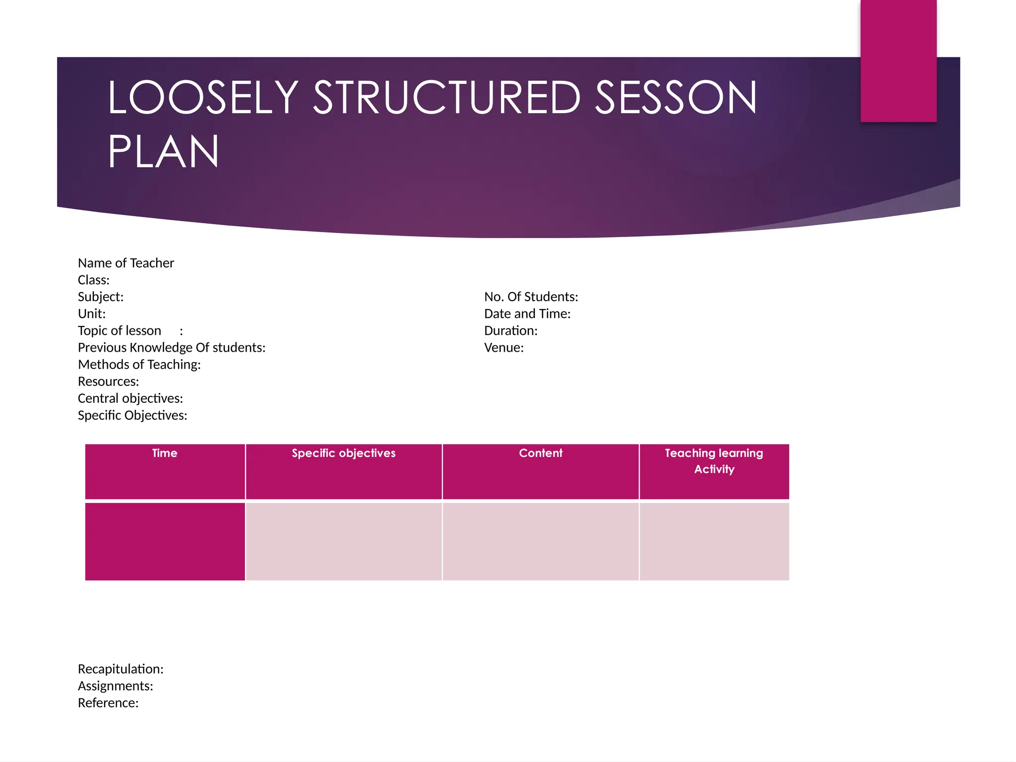 LOOSELY STRUCTURED SESSON
PLAN
Time Specific objectives Content Teaching learning
Activity
Name of Teacher
Class:
Subject: No. Of Students:
Unit: Date and Time:
Topic of lesson : Duration:
Previous Knowledge Of students: Venue:
Methods of Teaching:
Resources:
Central objectives:
Specific Objectives:
Recapitulation:
Assignments:
Reference:
 