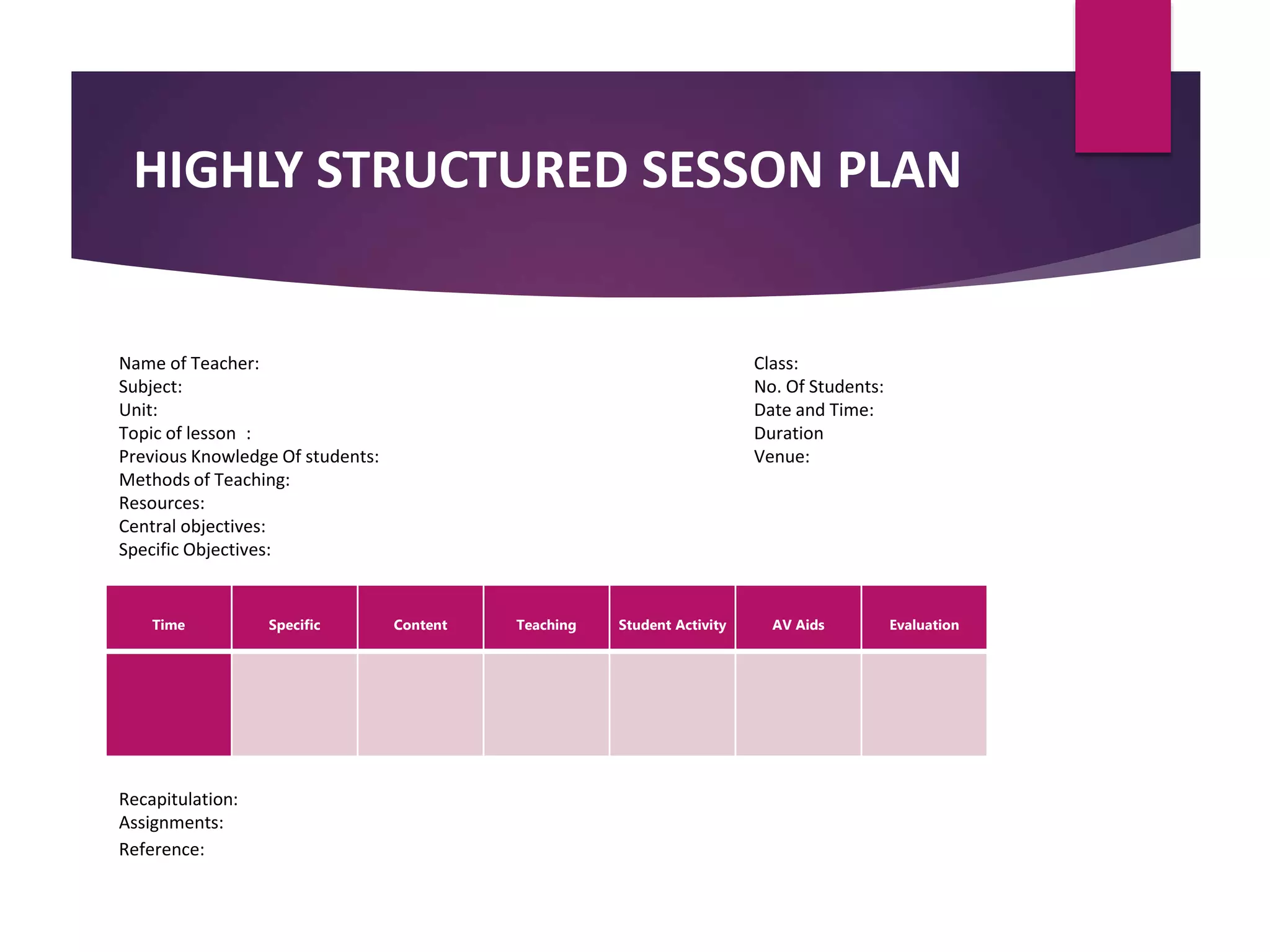 HIGHLY STRUCTURED SESSON PLAN
Time Specific Content Teaching Student Activity AV Aids Evaluation
Name of Teacher: Class:
Subject: No. Of Students:
Unit: Date and Time:
Topic of lesson : Duration
Previous Knowledge Of students: Venue:
Methods of Teaching:
Resources:
Central objectives:
Specific Objectives:
Recapitulation:
Assignments:
Reference:
 