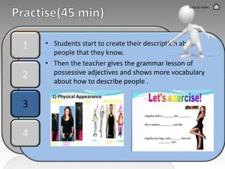 • Students start to create their description about
people that they know.
• Then the teacher gives the grammar lesson of
possessive adjectives and shows more vocabulary
about how to describe people .
1
2
3
4
Back to main
 