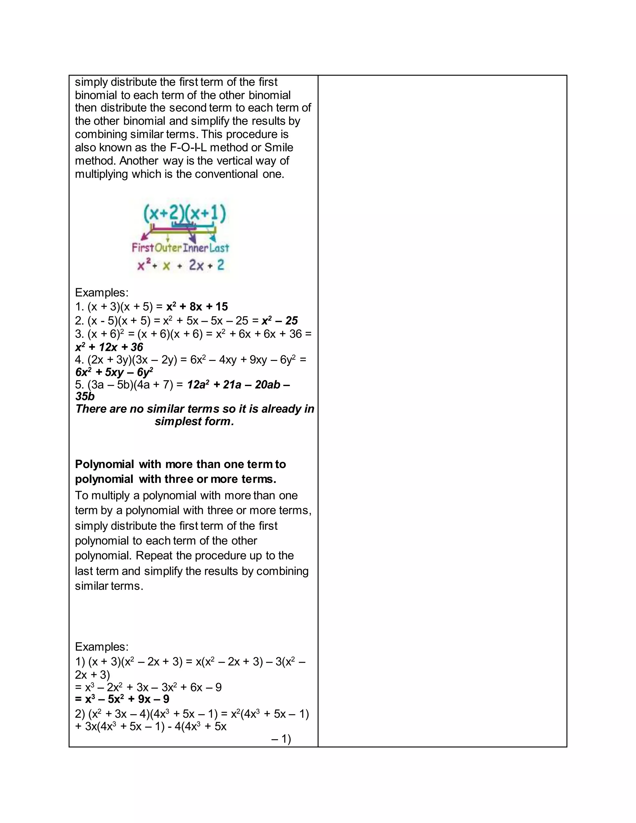 simply distribute the first term of the first
binomial to each term of the other binomial
then distribute the second term to each term of
the other binomial and simplify the results by
combining similar terms. This procedure is
also known as the F-O-I-L method or Smile
method. Another way is the vertical way of
multiplying which is the conventional one.
Examples:
1. (x + 3)(x + 5) = x2
+ 8x + 15
2. (x - 5)(x + 5) = x2
+ 5x – 5x – 25 = x2
– 25
3. (x + 6)2
= (x + 6)(x + 6) = x2
+ 6x + 6x + 36 =
x2
+ 12x + 36
4. (2x + 3y)(3x – 2y) = 6x2
– 4xy + 9xy – 6y2
=
6x2
+ 5xy – 6y2
5. (3a – 5b)(4a + 7) = 12a2
+ 21a – 20ab –
35b
There are no similar terms so it is already in
simplest form.
Polynomial with more than one term to
polynomial with three or more terms.
To multiply a polynomial with more than one
term by a polynomial with three or more terms,
simply distribute the first term of the first
polynomial to each term of the other
polynomial. Repeat the procedure up to the
last term and simplify the results by combining
similar terms.
Examples:
1) (x + 3)(x2
– 2x + 3) = x(x2
– 2x + 3) – 3(x2
–
2x + 3)
= x3
– 2x2
+ 3x – 3x2
+ 6x – 9
= x3
– 5x2
+ 9x – 9
2) (x2
+ 3x – 4)(4x3
+ 5x – 1) = x2
(4x3
+ 5x – 1)
+ 3x(4x3
+ 5x – 1) - 4(4x3
+ 5x
– 1)
 