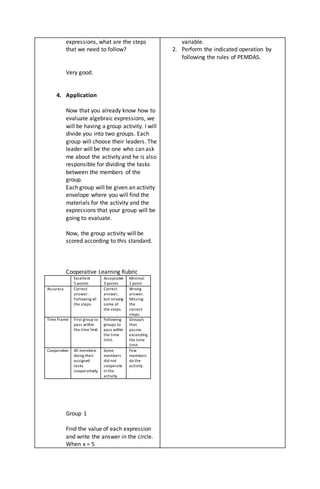 Lesson plan-advanced algebra Grade 7 | PDF