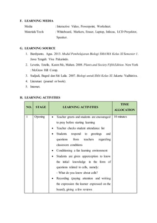 F. LEARNING MEDIA
Media : Interactive Video, Powerpoint, Worksheet.
Materials/Tools : Whiteboard, Markers, Eraser, Laptop, Infocus, LCD Proyektor,
Speaker.
G. LEARNING SOURCE
1. Bardiyanto, Agus. 2013. Modul Pembelajaran Biologi SMA/MA Kelas XI Semester 1.
Jawa Tengah: Viva Pakarindo.
2. Levetin, Estelle, Karen Mc, Mahon. 2008. Plants and Society FifthEdition. New York
: McGraw Hill Comp.
3. Sudjadi, Bagod dan Siti Laila. 2007. Biologi untuk SMA Kelas XI. Jakarta: Yudhistira.
4. Literature (journal or book).
5. Internet.
H. LEARNING ACTIVITIES
NO. STAGE LEARNING ACTIVITIES
TIME
ALLOCATION
1 Opening  Teacher greets and students are encouraged
to pray before starting learning
 Teacher checks student attendance list
 Students respond to greetings and
questions from teachers regarding
classroom conditions
 Conditioning a fun learning environment
 Students are given apperception to know
the initial knowledge in the form of
questions related to cells, namely:
- What do you know about cells?
 Recording (paying attention and writing
the expression the learner expressed on the
board), giving a few reviews
10 minutes
 