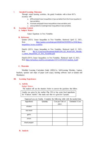 I. Intended Learning Outcomes
Through varied learning activities, the grade 8 students with at least 80 %
accuracy will:
a. differentiatelinearinequalitiesintwovariablesfrom the linearequationin
twovariables;
b. illustrate andgraphlinearinequalitiesintwovariables;and
c. solve problems involvinglinearinequalitiesintwovariables.
II. Learning Content
A. Subject Matter
Linear Equations in Two Variables
B. Reference
Quizizz (2021). Linear Inequalities in Two Variables. Retrieved April 12, 2021,
from https://quizizz.com/admin/quiz/606fd28a030209001ce360fc/linear-
inequalities-in-two-variables.
DepEd (2021). Linear Inequalities in Two Variables. Retrieved April 12, 2021,
from file:///C:/Users/acer/Downloads/Math%208_Q2_Week%201_Module-
1_Linear_Inequalities_of_Two_Variables.pdf.
DepEd (2015). Linear Inequalities in Two Variables. Retrieved April 12, 2021,
from https://richardoco.weebly.com/uploads/1/9/7/2/19725327/module_4.pdf.
C. Materials
Modified Learning Curriculum Guide (MELCs), Self-Learning Modules, Laptop,
headsets, speaker and strips of paper (soft copy), learning software such as Quizizz and
Mentimeter.
III. Learning Experiences
A. Activity
Budget Matters
The student will use the situation below to answer the questions that follow.
Supposed you are Amelia. Complete the following table with the needed data.
Ingredients Quantity Cost per Unit or
piece
Estimated Cost
chicken
soy sauce
garlic
onion
black pepper
B. Analysis
Amelia was given by her mother Php 320 to buy some food ingredients
for “Chicken Adobo”. She made sure that it is good for 5 people.
 