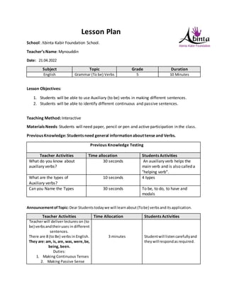Lesson Plan for Level 5 students 