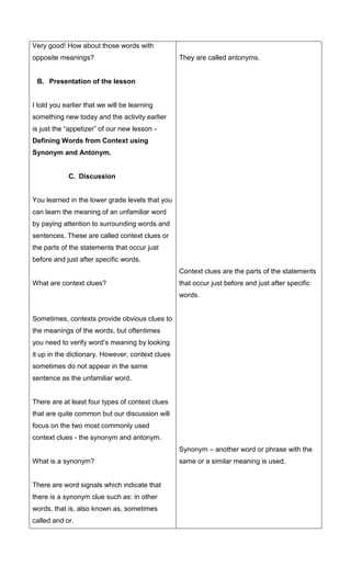 lesson plan about Antonyms and synonyms - A Semi Detailed Lesson