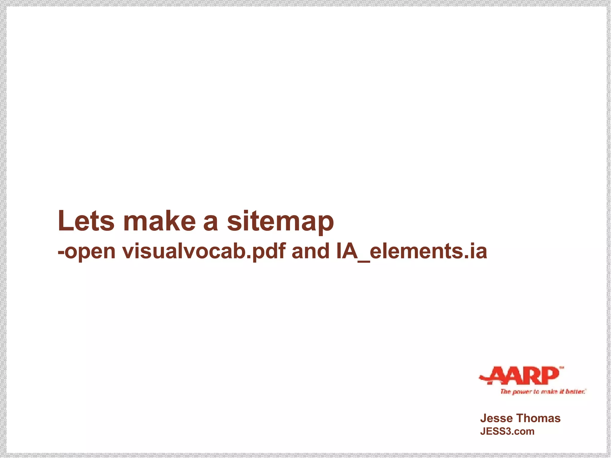Lets make a sitemap -open visualvocab.pdf and IA_elements.ia 