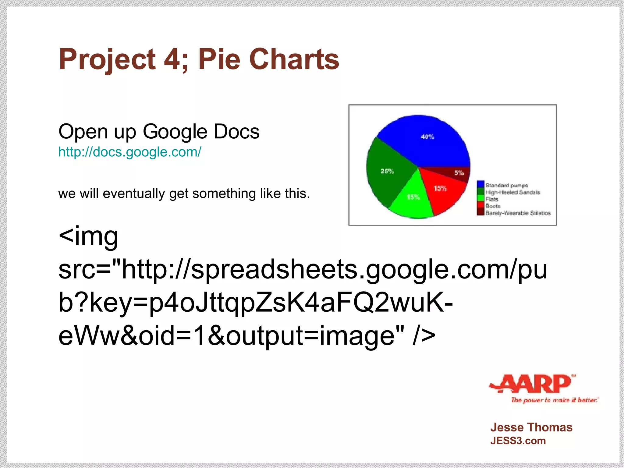 Project 4; Pie Charts Open up Google Docs http://docs.google.com/ we will eventually get something like this. <img src="http://spreadsheets.google.com/pub?key=p4oJttqpZsK4aFQ2wuK-eWw&oid=1&output=image" /> 