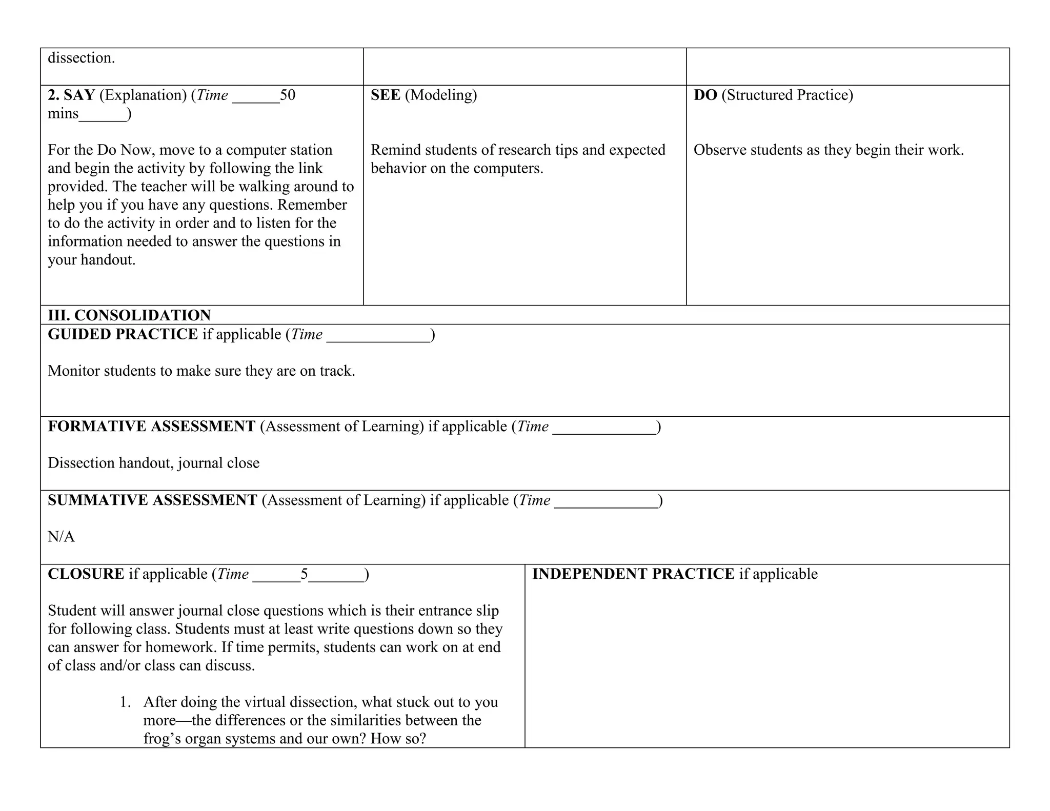 Lesson Plan Dissection | DOCX