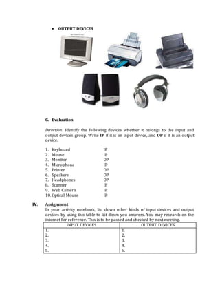Semi-Detailed Lesson Plan - Input and Output Devices of Computers | PDF