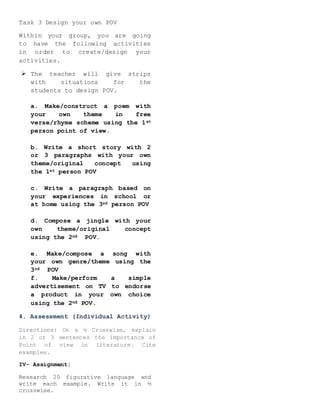 Task 3 Design your own POV
Within your group, you are going
to have the following activities
in order to create/design your
activities.
 The teacher will give strips
with situations for the
students to design POV.
a. Make/construct a poem with
your own theme in free
verse/rhyme scheme using the 1st
person point of view.
b. Write a short story with 2
or 3 paragraphs with your own
theme/original concept using
the 1st person POV
c. Write a paragraph based on
your experiences in school or
at home using the 3rd person POV
d. Compose a jingle with your
own theme/original concept
using the 2nd POV.
e. Make/compose a song with
your own genre/theme using the
3rd POV
f. Make/perform a simple
advertisement on TV to endorse
a product in your own choice
using the 2nd POV.
4. Assessment (Individual Activity)
Directions: On a ½ Crosswise, explain
in 2 or 3 sentences the importance of
Point of view in literature. Cite
examples.
IV- Assignment:
Research 20 figurative language and
write each example. Write it in ½
crosswise.
 
