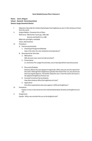 Semi-Detailed Lesson Plan in Science 6
Name: Jane S. Ologuin
School: Nazareth ElementarySchool
District: Sergio OsmeñaII District
I. Objective:Describe the relationshipbetweenthe brightnessasseeninthesdistance of stars
fromthe earth.
II. SubjectMatter:Characteristicsof Stars
Reference:TMIntothe Future pp.1556-158
Science andHealthVI,p.248
Materials:penlights, notebook
Value:attentiveness
III. Procedure:
A. PreliminaryActivities:
1. Checkingof Assignment/Review
How isthe color of a star relatedtoitstemperature?
B. Developmental Activities
1. Motivation:
Why dosome stars seemto lookveryfaint?
2. Presentation
2.1.Activities:Pre-assignthe activities,one ortwodaysbefore classdiscussion)
3. Discussion/Analysis.
Distance affects the starsapparent magnitude.Otherstarsare veryfar away from
the earth. Although theirbrightnessisgreaterthanthatof the sun; we cannotsee
themduringthe daytime.The fartherawaythe star is fromthe earth,the lesseris
the apparentbrightnessthatwe see.
4. ConceptFormation/Generalization
How doesdistance affectthe brightnessof astar?
5. Application
Cite otherexplanationswhystarsappearindifferentbrightness?
IV. Evaluation:
Explaininone or twosentencesthe relationshipbetweendistance andbrightnessof a
star.
V. Assignment:
Explain: Whyo we considerthe sunas the brighteststar?
 