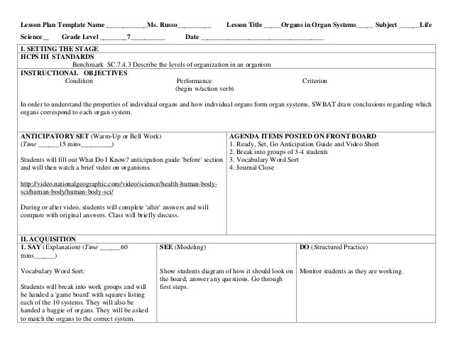 Lesson Plan Organs In Organ Systems