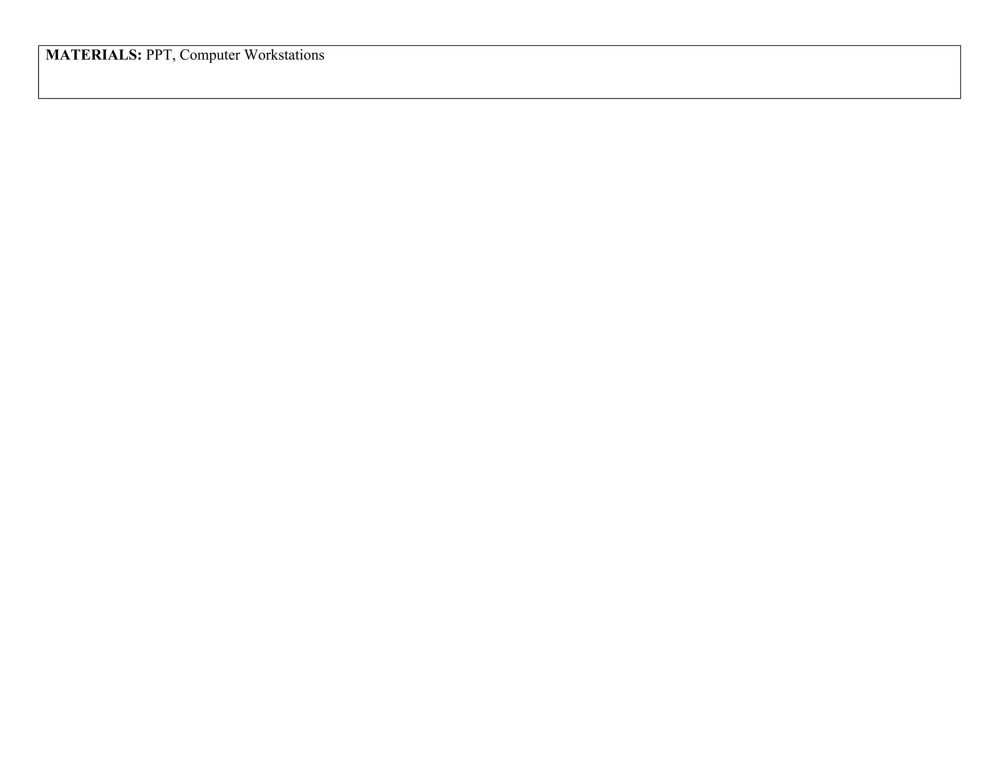 MATERIALS: PPT, Computer Workstations

 