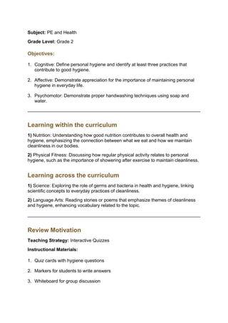 Comprehensive Grade 2 Lesson on Personal Hygiene and Health | DOCX