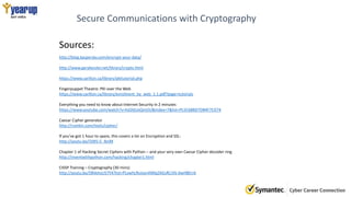 Secure Communications with Cryptography
Sources:
http://blog.kaspersky.com/encrypt-your-data/
http://www.garykessler.net/library/crypto.html
https://www.carillon.ca/library/pkitutorial.php
Fingerpuppet Theatre: PKI over the Web
https://www.carillon.ca/library/enrolment_by_web_1.1.pdf?page=tutorials
Everything you need to know about Internet Security in 2 minutes
https://www.youtube.com/watch?v=hd2kEJoQmOU&index=7&list=PL5C68BD7DB4F7CD74
Caesar Cipher generator
http://rumkin.com/tools/cipher/
If you’ve got 1 hour to spare, this covers a lot on Encryption and SSL:
http://youtu.be/I3WS-5_IbnM
Chapter 1 of Hacking Secret Ciphers with Python – and your very own Caesar Cipher decoder ring
http://inventwithpython.com/hacking/chapter1.html
CISSP Training – Cryptography (30 mins)
http://youtu.be/5BVehsUS7Y4?list=PLxwhLRvJxyn4WbjZAGsRCJVk-6wH8Err6
 