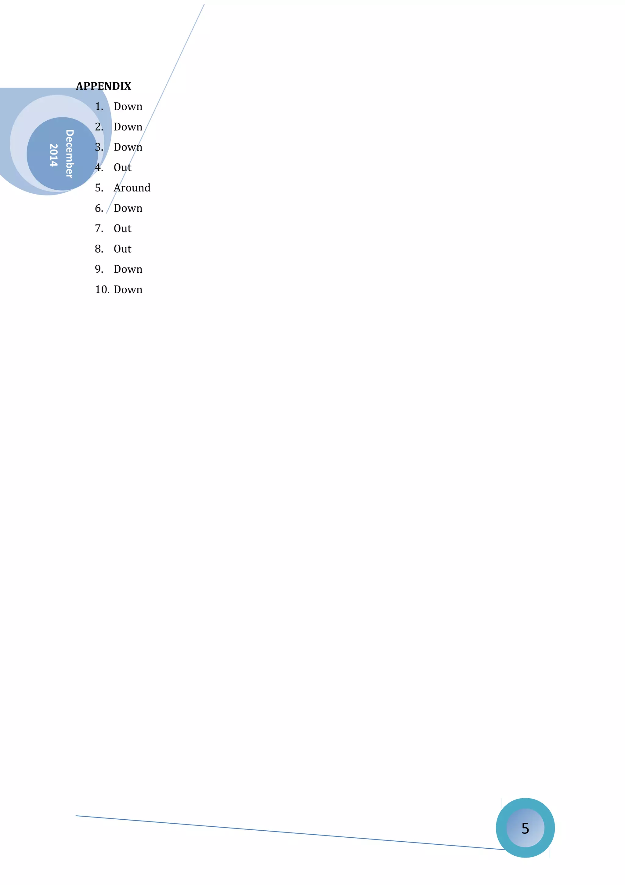 December
2014
APPENDIX
1. Down
2. Down
3. Down
4. Out
5. Around
6. Down
7. Out
8. Out
9. Down
10. Down
5
 
