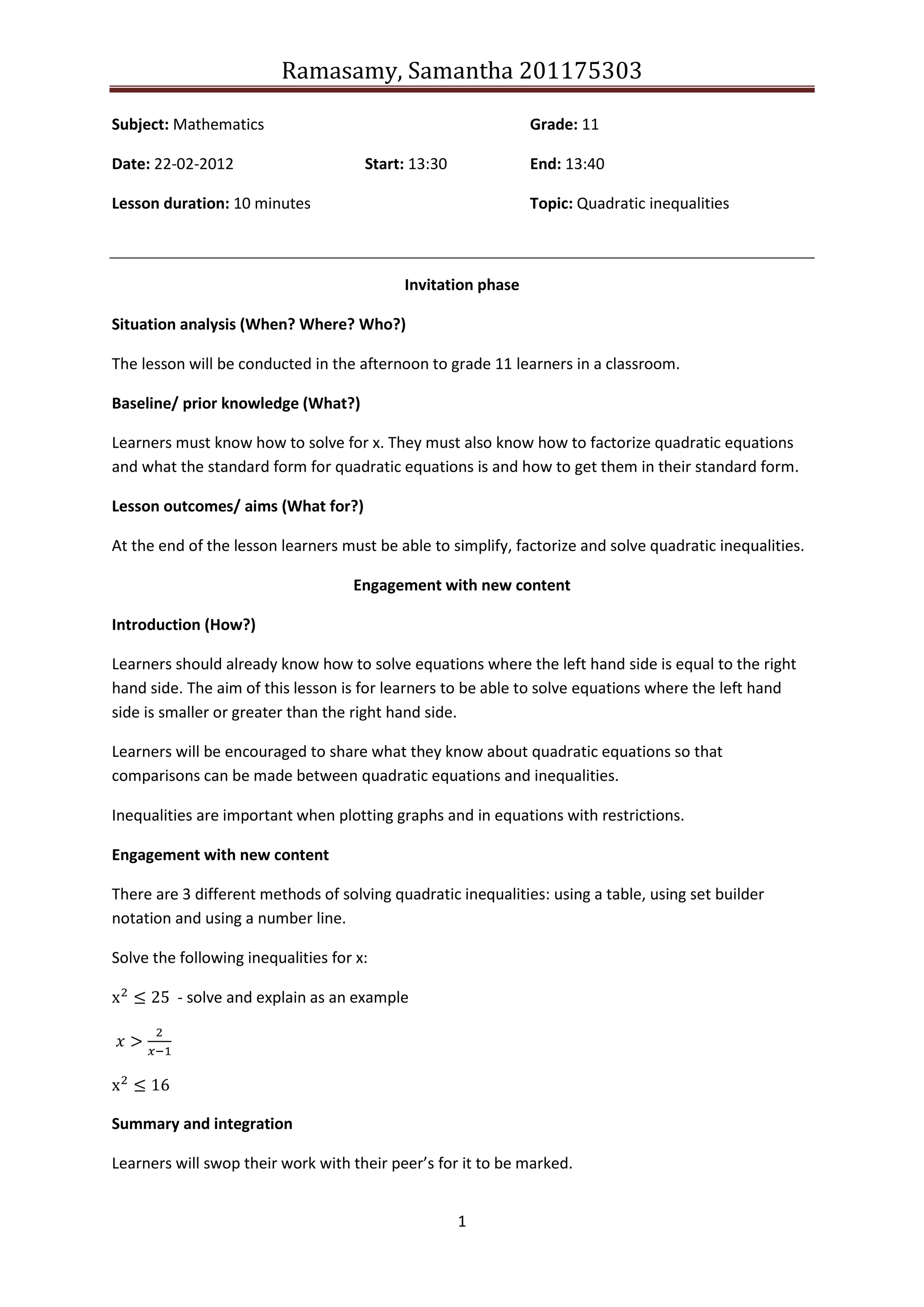 Lesson plan quadratic inequalities | DOCX