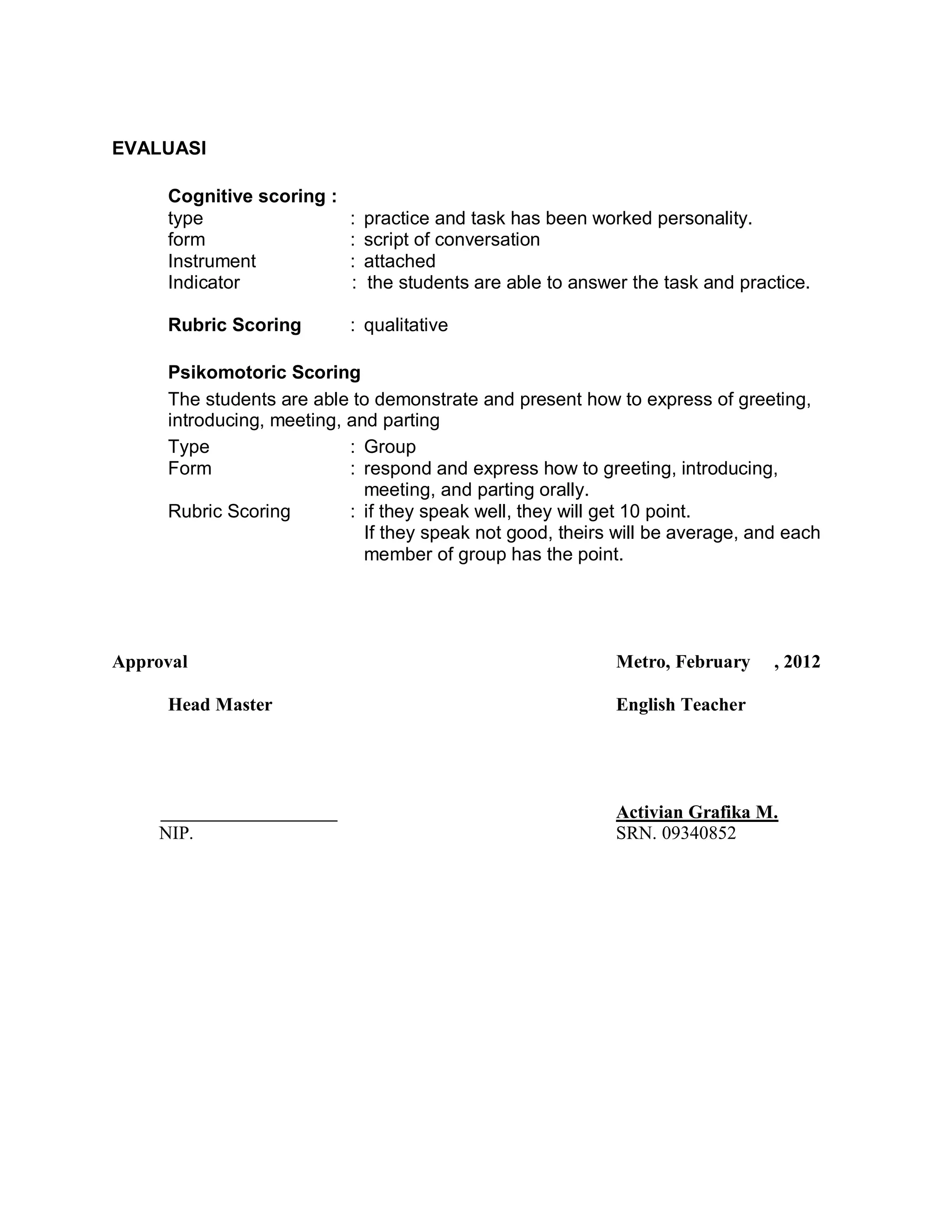 EVALUASI

     Cognitive scoring :
     type                  :   practice and task has been worked personality.
     form                  :   script of conversation
     Instrument            :   attached
     Indicator             :   the students are able to answer the task and practice.

     Rubric Scoring        : qualitative

     Psikomotoric Scoring
     The students are able to demonstrate and present how to express of greeting,
     introducing, meeting, and parting
     Type                  : Group
     Form                  : respond and express how to greeting, introducing,
                             meeting, and parting orally.
     Rubric Scoring        : if they speak well, they will get 10 point.
                             If they speak not good, theirs will be average, and each
                             member of group has the point.




Approval                                                     Metro, February    , 2012

     Head Master                                             English Teacher




                                                             Activian Grafika M.
    NIP.                                                     SRN. 09340852
 