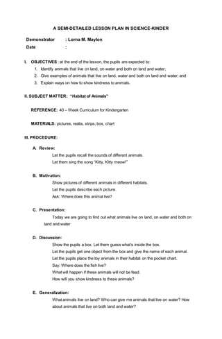 A SEMI-DETAILED LESSON PLAN IN SCIENCE-KINDER
Demonstrator : Lorna M. Maylon
Date :
I. OBJECTIVES : at the end of the lesson, the pupils are expected to:
1. Identify animals that live on land, on water and both on land and water;
2. Give examples of animals that live on land, water and both on land and water; and
3. Explain ways on how to show kindness to animals.
II. SUBJECT MATTER: “Habitat of Animals”
REFERENCE: 40 – Week Curriculum for Kindergarten
MATERIALS: pictures, realia, strips, box, chart
III. PROCEDURE:
A. Review:
Let the pupils recall the sounds of different animals.
Let them sing the song “Kitty, Kitty meow!”
B. Motivation:
Show pictures of different animals in different habitats.
Let the pupils describe each picture.
Ask: Where does this animal live?
C. Presentation:
Today we are going to find out what animals live on land, on water and both on
land and water
D. Discussion:
Show the pupils a box. Let them guess what’s inside the box.
Let the pupils get one object from the box and give the name of each animal.
Let the pupils place the toy animals in their habitat on the pocket chart.
Say: Where does the fish live?
What will happen if these animals will not be feed.
How will you show kindness to these animals?
E. Generalization:
What animals live on land? Who can give me animals that live on water? How
about animals that live on both land and water?
 