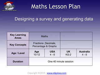 Maths Lesson Plan
Designing a survey and generating data
Key Learning
Areas
Maths
Key Concepts
Fractions ,Decimals,
Percentage & Graphs
Age / Level
Age
10-12
USA
4 - 6
UK
KS-2
Australia
4 - 6
Duration One 40 minute session
Copyright ©2010 www.edgalaxy.com
 