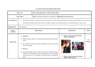 PLANNING USING KNOWLEDGE PROCESSES.
Grade : 7th. Names: Valeria Blanco Pinto - Julian H. Olarte Gallego.
Time: 2 hours Topic: Practicing the comparatives and superlatives: Talking about our favorite movies.
Lesson Objective/s 1. By the end of the lesson, the students will be able to design their own film script using properly the comparatives and superlatives to do a catchy story.
2. The students will analyze some genres of movies that might be unknown for them and classify the most important features to make a movie.
Multimodal text Films production
STAGE
ACTIVITY
PROCEDURE RESOURCES TIME
Experiencing
➢ The Know:
● Students bring a picture or some object that represents their favorite
movie.
● All students must show what they brought and say the name of the
movie it represents.
➢ The New:
● The teacher brings pictures of old movies such as: Cantinflas, Charlie
Chaplin, etc. Play the music, voices, sound effects etc. (if it is possible
to have access to a TV or projector a clip of the movie is played for
ease)
● Image or material that represents the
student's favorite film.
● Photos or clips of some old movies that
students might not know.
20
minutes
 
