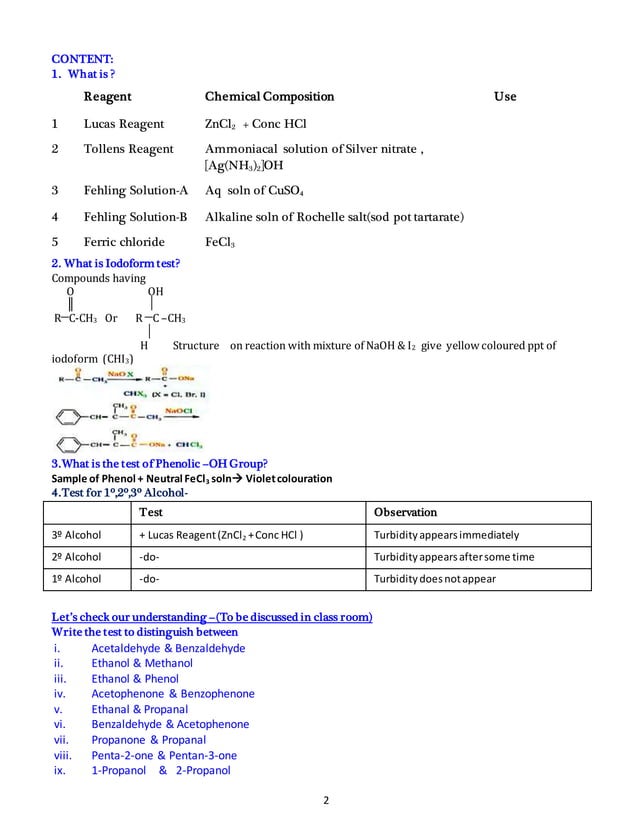 Lesson plan Class XII Chemistry Organic Distinguish Between the following Pairs of Compounds