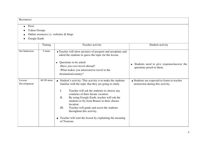 tourism lesson plan grade 11