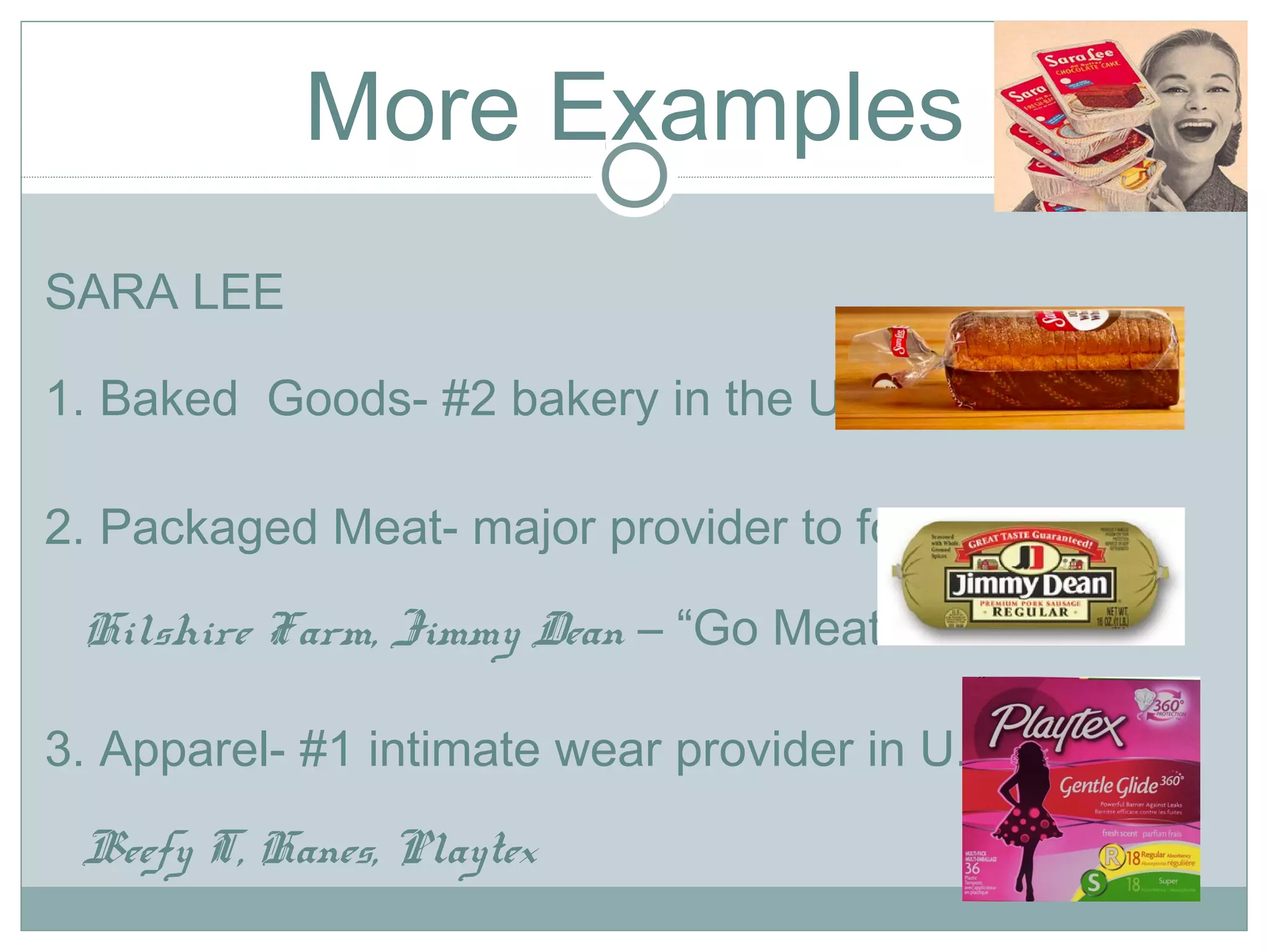 More Examples
SARA LEE
1. Baked Goods- #2 bakery in the U.S.
2. Packaged Meat- major provider to food service
Hilshire Farm, Jimmy Dean – “Go Meat!”
3. Apparel- #1 intimate wear provider in U.S.
Beefy T, Hanes, Playtex
 