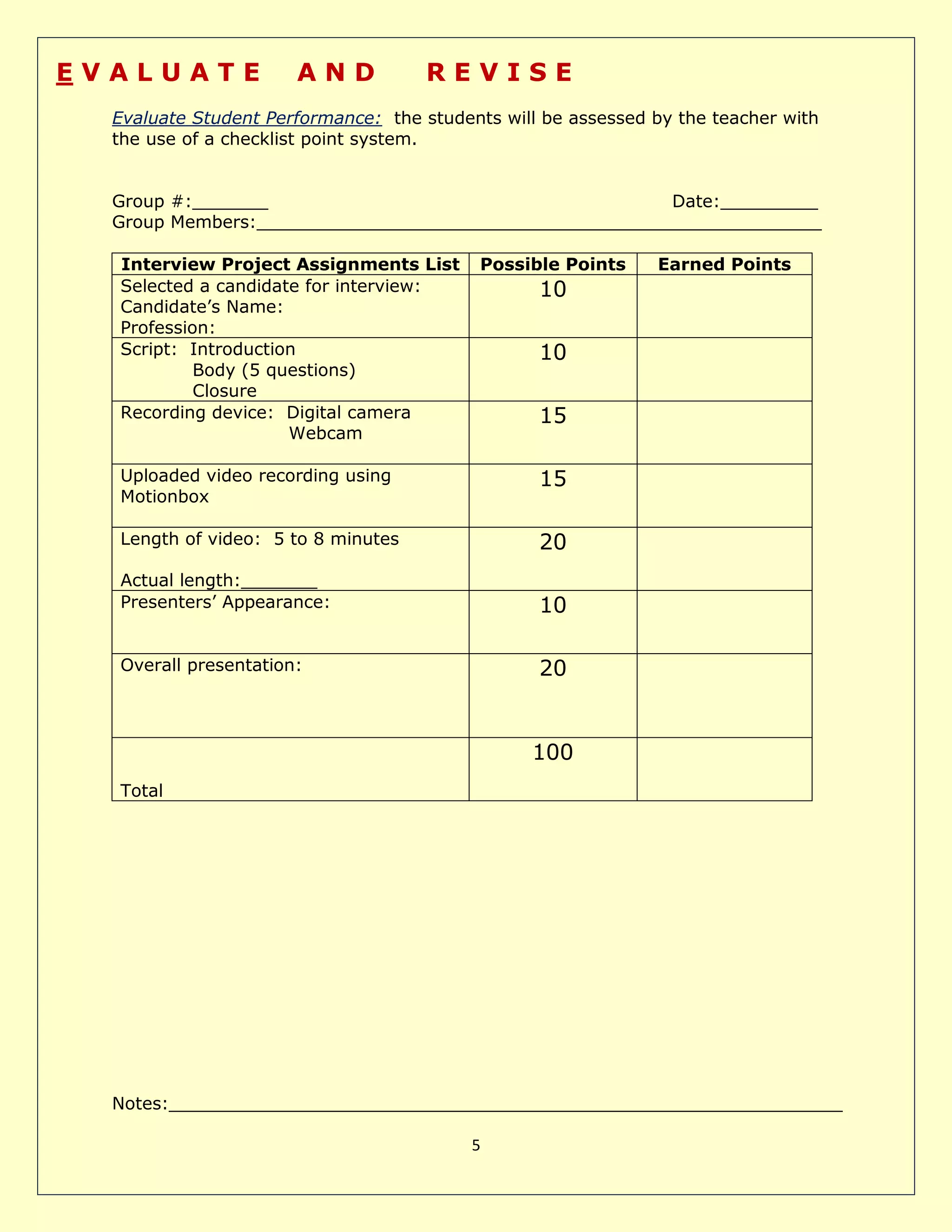5
E V A L U A T E A N D R E V I S E
Evaluate Student Performance: the students will be assessed by the teacher with
the use of a checklist point system.
Group #:_______ Date:_________
Group Members:____________________________________________________
Interview Project Assignments List Possible Points Earned Points
Selected a candidate for interview:
Candidate’s Name:
Profession:
10
Script: Introduction
Body (5 questions)
Closure
10
Recording device: Digital camera
Webcam
15
Uploaded video recording using
Motionbox
15
Length of video: 5 to 8 minutes
Actual length:_______
20
Presenters’ Appearance: 10
Overall presentation: 20
Total
100
Notes:______________________________________________________________
 