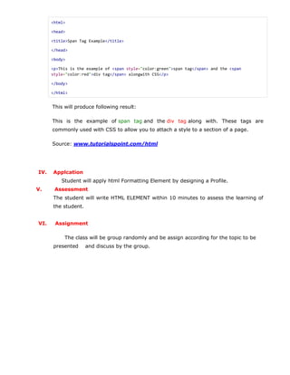 Topic Page Html Format Example Lesson plan: HTML Formatting Texts and Paragraphs | DOCX