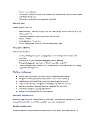 - Acquire newvocabulary.
- Developtheirlinguistic,intrapersonal,interpersonal,visual/spatial,naturalist,musical and
kinestheticintelligences.
- Enhance theirobservation,memoryandartisticskills.
Learning focus:
The activitieswill focuson:
- Newvocabulary:Caterpillar, hungry,very,hot,cold,eat,egg,cocoon, butterfly,plum,big,
fat,tiny,week, etc.
- Consolidate vocabularyaboutfruits,daysof the week, etc.
- Practice numbers.
- Simple adjectives:Fat,big,tiny.
- Practice the opposites“hot,cold”,andthe use of adverb“very”.
Integration of skills:
Theywill developtheir:
- Speakingskillsbyplayinggames,singingsongsandinteractingwiththe teacherand
classmates.
- Readingskillsbyusingflashcards, readingthe lyricsof the song.
- Writingskills bycompletingthe sheet“The lifecycle of the butterfly”.
- Listeningskills byplaying“hotandcold”,interactingwithclassmatesandteacher,singing
songsand watchinga movie.
Multiple intelligences:
 Intrapersonal intelligence (Usingtheirmemory,imaginationandcreativity)
 Interpersonal intelligence (Interactingwiththe teacherandclassmates)
 Visual/spatial intelligence (Drawing,watchingamovie,playinggames)
 Linguisticintelligence (Learningnew wordsandputtingthemintopractice)
 Naturalistintelligence (Learningaboutthe life cycle of the butterflies)
 Kinestheticintelligence (playinghotandcold)
 Musical intelligence(learningandsingingasong)
Materials and resources:
Flashcards(Egg,caterpillar,cocoon,butterfly), 6sheetsof “The life cycle of the butterfly”, chalk, 6
copiesof the lyricsof the song “The 7 days of the week”,the caterpillartoy.
Possible contingences:
Studentsmayfindithard to understandthe meaningof some words,adjectives,adverbs,etc.
 
