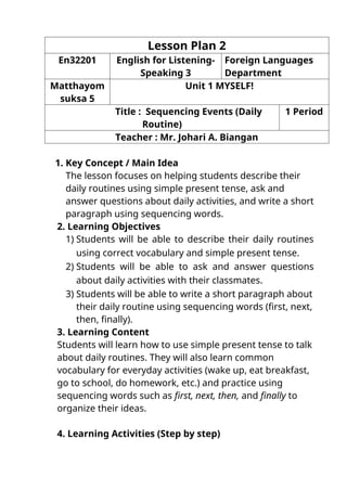 English Lesson Plan: Sequencing Daily Routines Using Simple Present ...