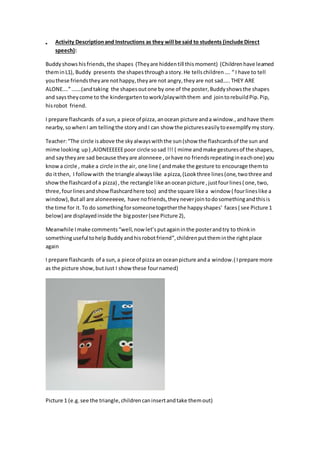  Activity Descriptionand Instructions as they will be said to students (include Direct
speech):
Buddyshows hisfriends,the shapes (Theyare hiddentill thismoment) (Childrenhave learned
theminL1), Buddy presents the shapesthroughastory.He tellschildren…. “ I have to tell
youthese friendstheyare nothappy,theyare not angry,theyare not sad…..THEY ARE
ALONE….”…….(andtaking the shapesoutone by one of the poster,Buddyshowsthe shapes
and saystheycome to the kindergartentowork/playwiththem and jointorebuildPip.Pip,
hisrobot friend.
I prepare flashcards of a sun,a piece of pizza,anocean picture anda window.,andhave them
nearby,sowhenI am tellingthe story andI can show the pictureseasilytoexemplifymy story.
Teacher:“The circle isabove the skyalwayswiththe sun(show the flashcardsof the sun and
mime looking up) ,AlONEEEEEEpoor circle sosad !!! ( mime andmake gesturesof the shapes,
and saytheyare sad because theyare alonneee ,orhave no friendsrepeatingineachone) you
knowa circle , make a circle inthe air, one line ( andmake the gesture to encourage themto
do itthen, I followwith the triangle alwayslike apizza,(Lookthree lines(one,twothree and
showthe flashcardof a pizza) ,the rectangle like anoceanpicture ,justfourlines( one,two,
three,fourlinesandshowflashcardhere too) andthe square like a window ( fourlineslike a
window),Butall are aloneeeeee, have nofriends,theyneverjointodosomethingandthisis
the time for it.To do somethingforsomeonetogetherthe happyshapes’ faces( see Picture 1
below) are displayedinside the bigposter(see Picture 2),
Meanwhile Imake comments“well,now let’sputagaininthe posterandtry to thinkin
somethinguseful tohelp Buddyandhisrobotfriend”,childrenputtheminthe rightplace
again
I prepare flashcards of a sun,a piece of pizza an oceanpicture anda window.( Iprepare more
as the picture show,butJust I showthese fournamed)
Picture 1 (e.g.see the triangle,childrencaninsertandtake themout)
 