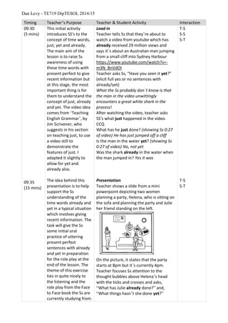 Dan Levy - TE719 DipTESOL 2014/15
Timing Teacher’s Purpose Teacher & Student Activity Interaction
09:30
(5 mins)
09:35
(15 mins)
This initial activity
introduces SS's to the
concept of time words,
just, yet and already.
The main aim of the
lesson is to raise Ss
awareness of using
these time words with
present perfect to give
recent information but
at this stage, the most
important thing is for
them to understand the
concept of just, already
and yet. The video idea
comes from ‘Teaching
English Grammar’, by
Jim Scrivener, who
suggests in his section
on teaching just, to use
a video still to
demonstrate the
features of just. I
adapted it slightly to
allow for yet and
already also.
The idea behind this
presentation is to help
support the Ss
understanding of the
time words already and
yet in a typical situation
which involves giving
recent information. The
task will give the Ss
some initial oral
practice of uttering
present perfect
sentences with already
and yet in preparation
for the role play at the
end of the lesson. The
theme of this exercise
ties in quite nicely to
the listening and the
role play from the Face
to Face book the Ss are
currently studying from.
Lead in
Teacher tells Ss that they’re about to
watch a video from youtube which has
already received 29 million views and
says it’s about an Australian man jumping
from a small cliff into Sydney Harbour
https://www.youtube.com/watch?v=-
m3N_BnVdOI
Teacher asks Ss, “Have you seen it yet?”
(elicit full yes or no sentences with
already/yet)
What the Ss probably don’t know is that
the man in the video unwittingly
encounters a great white shark in the
process!
After watching the video, teacher asks
SS's what just happened in the video.
CCQ
What has he just done? (showing Ss 0:27
of video) He has just jumped off a cliff
Is the man in the water yet? (showing Ss
0:27 of video) No, not yet
Was the shark already in the water when
the man jumped in? Yes it was
Presentation
Teacher shows a slide from a mini
powerpoint depicting two women
planning a party, Helena, who is sitting on
the sofa and planning the party and Julie
her friend standing on the left.
On the picture, it states that the party
starts at 8pm but it’s currently 4pm.
Teacher focuses Ss attention to the
thought bubbles above Helena’s head
with the ticks and crosses and asks,
“What has Julie already done?” and,
“What things hasn’t she done yet?”
T-S
S-S
S-T
T-S
S-T
 