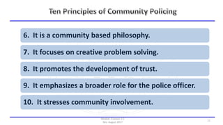 6. It is a community based philosophy.
7. It focuses on creative problem solving.
8. It promotes the development of trust.
9. It emphasizes a broader role for the police officer.
10. It stresses community involvement.
Module 3 Lesson 3.2
Rev: August 2017
11
 