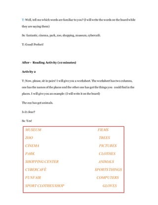 T: Well, tell me which words are familiar to you? (I will write the words on the board while
they are saying them)
Ss: fantastic, cinema, park, zoo, shopping, museum, cybercafé.
T: Good! Perfect!
After - Reading Activity (10 minutes)
Activity 2
T: Now, please, sit in pairs! I will give you a worksheet. The worksheet has two columns,
one has the names of the places and the other one has got the things you could find in the
places. I will give you an example: (I will write it on the board)
The zoo has got animals.
Is it clear?
Ss: Yes!
MUSEUM FILMS
ZOO TREES
CINEMA PICTURES
PARK CLOTHES
SHOPPING CENTER ANIMALS
CYBERCAFÉ SPORTSTHINGS
FUNFAIR COMPUTERS
SPORT CLOTHESSHOP GLOVES
 